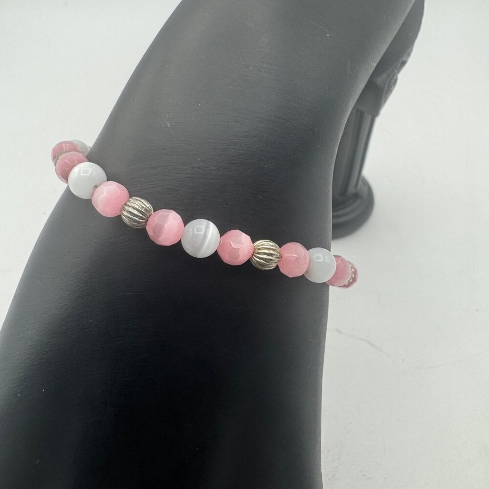 Pink White Beaded Bracelet Toggle Clasp Silver Accents Handmade Jewelry Gift